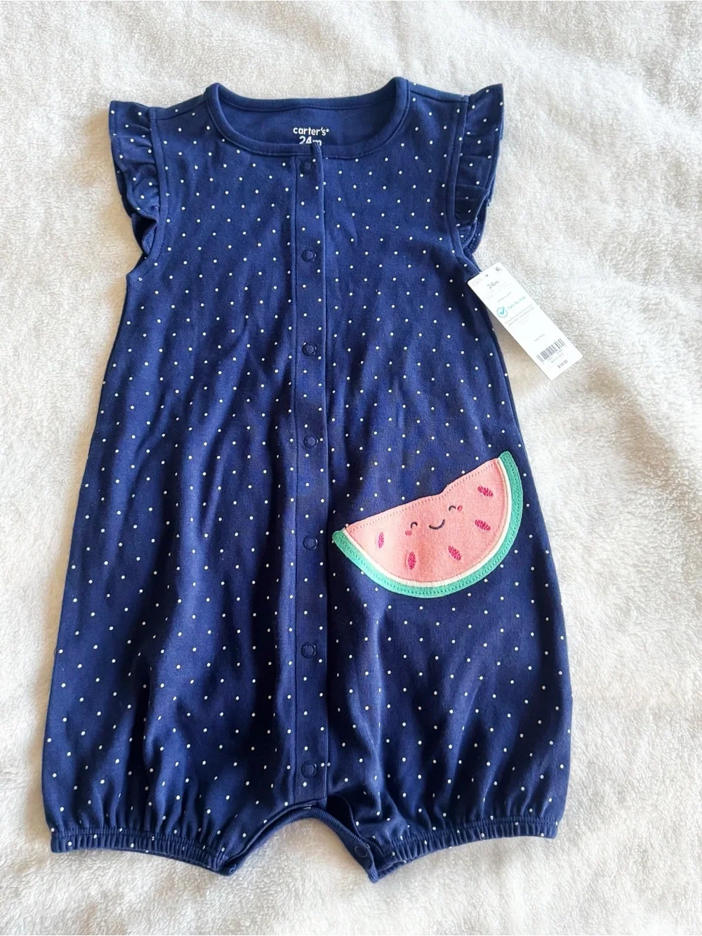 Carter's Girls Navy White Polka Dot Watermelon Bubble Romper 24 Months